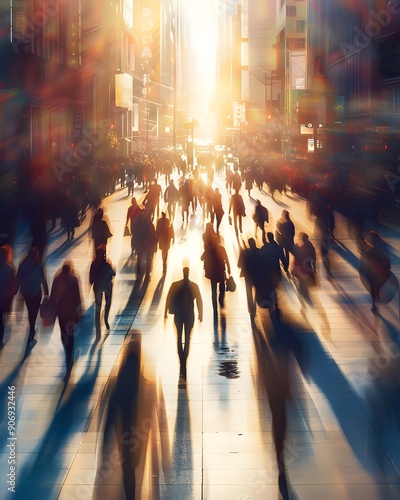 Urban Crowds Silhouettes City Lights Movement Energy Reflection. AI Generated