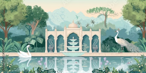 Illustration of a Mahal with the garden. 