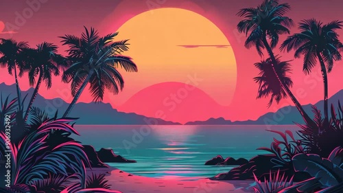 Tropical sunset in ocean with palm trees in retro wave style. Neon abstract motion background with exotic beach. Electronic retro video clip cover. Vivid synthwave, vaporwave animation screensaver. 