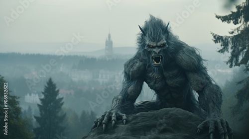 Sinister werewolf on moonlit cliff  spooky lycanthrope in eerie mist under full moon photo