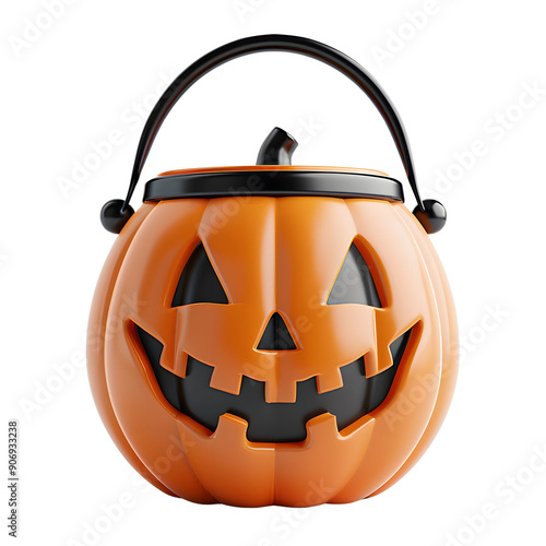 Bright orange Halloween pumpkin bucket with a cheerful face, perfect for candy collection or festive decorations. photo