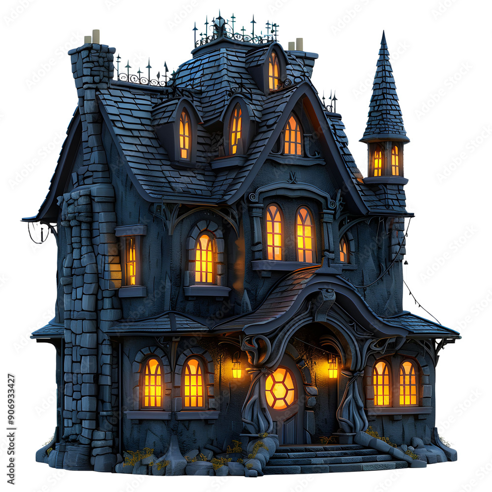 A charming haunted house with illuminated windows, perfect for Halloween or spooky themes, exuding an eerie yet captivating atmosphere. A charming haunted house with illuminated windows, perfect for Halloween or spooky themes, exuding an eerie yet captivating atmosphere.
