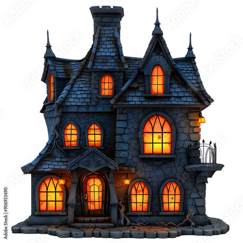 A spooky, illuminated haunted house with gothic architecture, perfect for Halloween-themed designs and eerie illustrations.