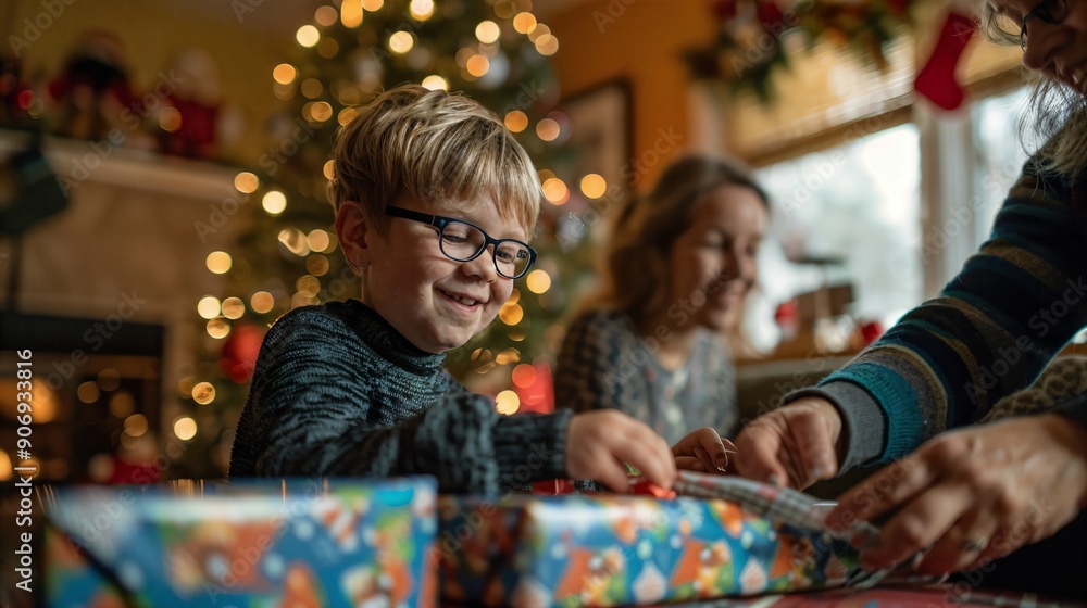 a young boy opening a gift box with a smile on his face a young boy opening a gift box with a smile on his face