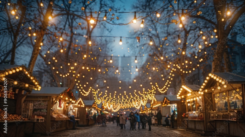 Obraz premium a group of people walking down a street covered in lights