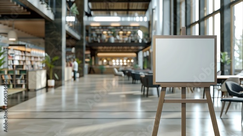 A blank sign on an elegant wooden stand in a modern library