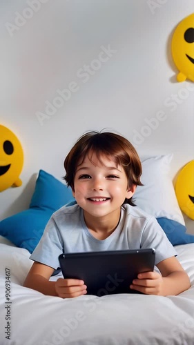 Smiling young boy sitting on a bed with blue and yellow pillows featuring smiley faces, creating a cheerful and playful atmosphere.