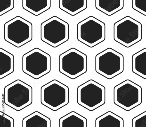 Hexagon background design. Rounded hexagons mosaic cells with padding and inner solid cells. Large hexagons. Seamless tileable vector illustration.