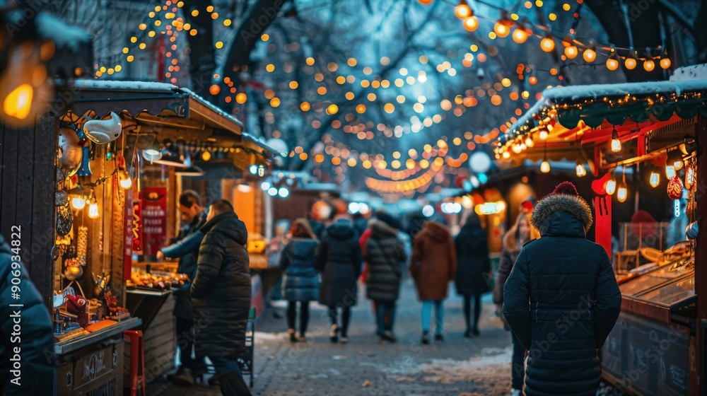 a group of people walking around a market