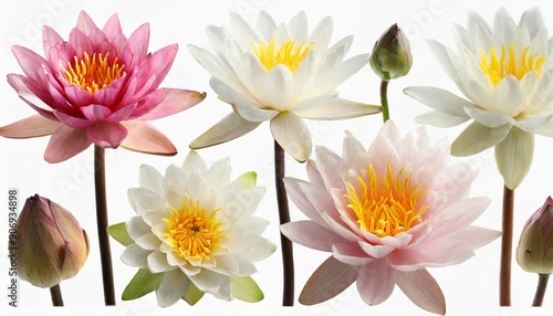 Set of beautiful lotus flowers isolated on white