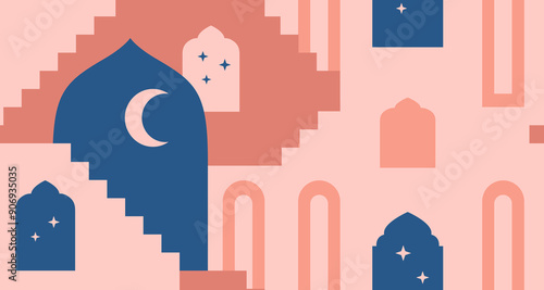 Moroccan red city wall with arch, window, gate, crescent. Arabic style landscape with stars, moon. Vector seamless border