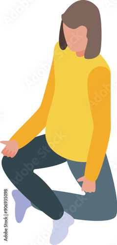 Young woman in casual clothing is assuming a contemplative pose, sitting cross legged