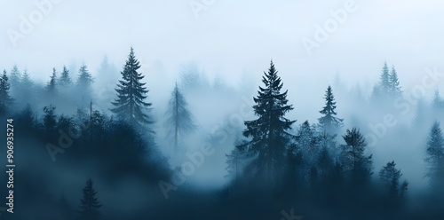 Misty foggy forest monochrome silhouette trees background