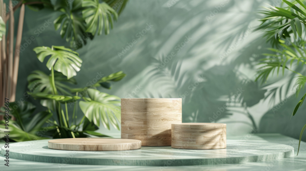 Wooden Display Podium with Tropical Plant Foliage and Sunlight Shadows Wooden Display Podium with Tropical Plant Foliage and Sunlight Shadows