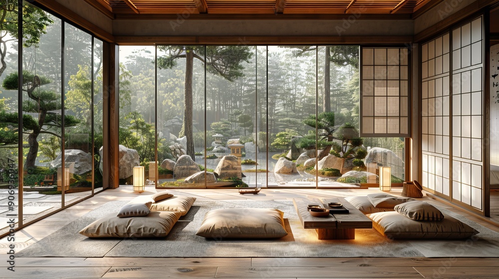 Fototapeta premium A room in a minimalist Japanese house with a tea ceremony table, wide open windows and shoji screens.