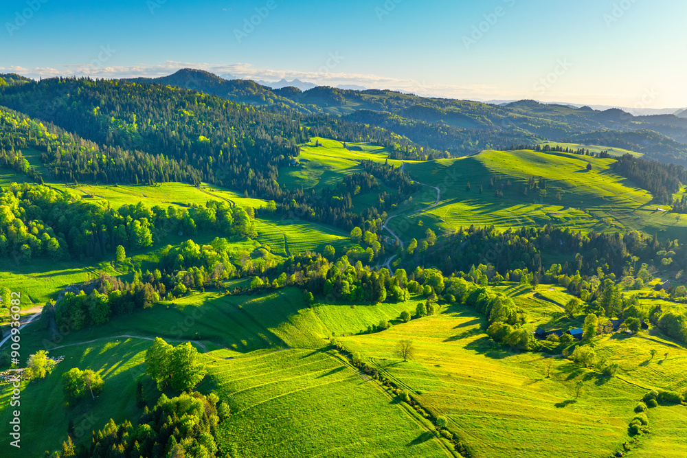 Mountain landscape in the Pieniny National Park at the foot of the Tatra Mountains. Pieniny Park is located on the border of Poland and Slovakia