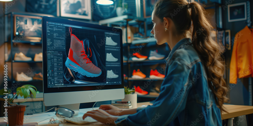 A stylish person on a computer designing trainers online and choosing the look and colours A stylish person on a computer designing trainers online and choosing the look and colours