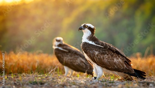 Side view of predatory ospreys sitting on ground in wild nature in daylight