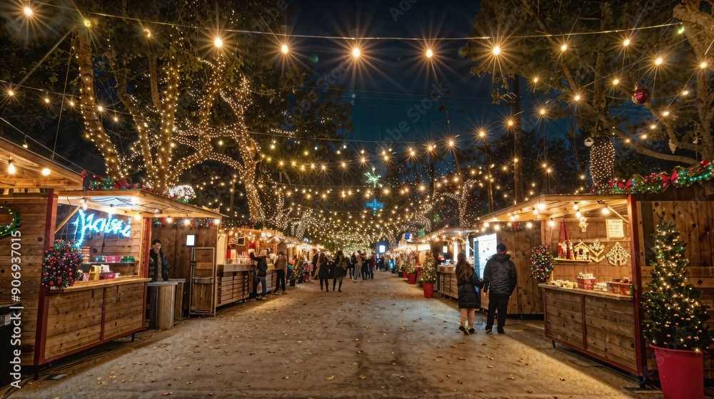 a group of people walking down a street covered in christmas lights a group of people walking down a street covered in christmas lights