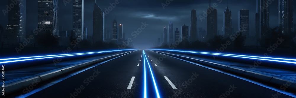 Fototapeta premium Black road and empty dark street scene background. Empty dark scene, neon light, spotlights