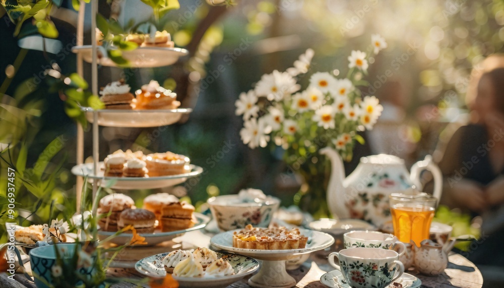 a table topped with plates of food and cups of tea a table topped with plates of food and cups of tea