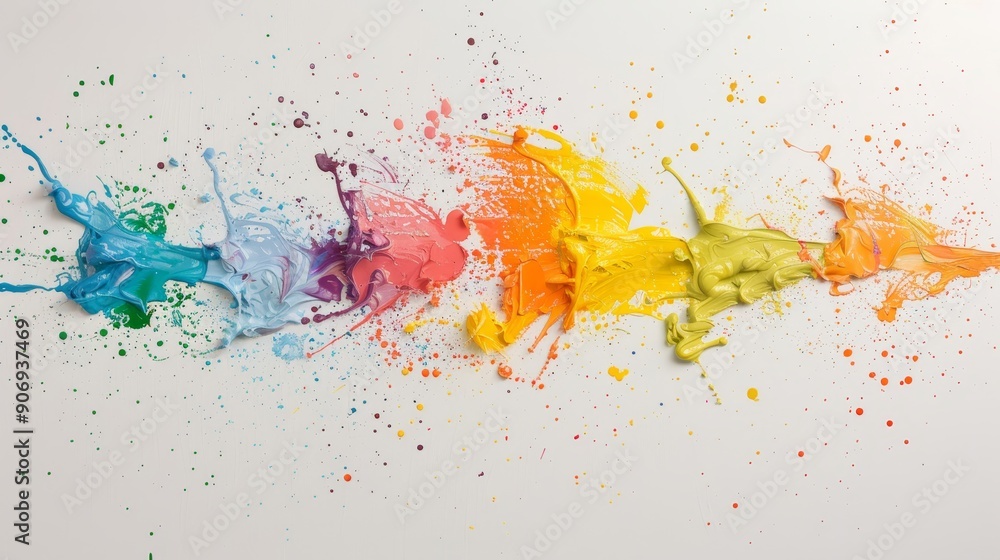 A colorful line of paint splatters on a white background A colorful line of paint splatters on a white background