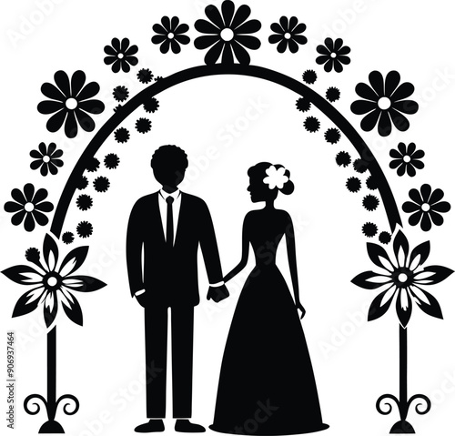 Wedding couple stand in flower arch silhouette  illustration 