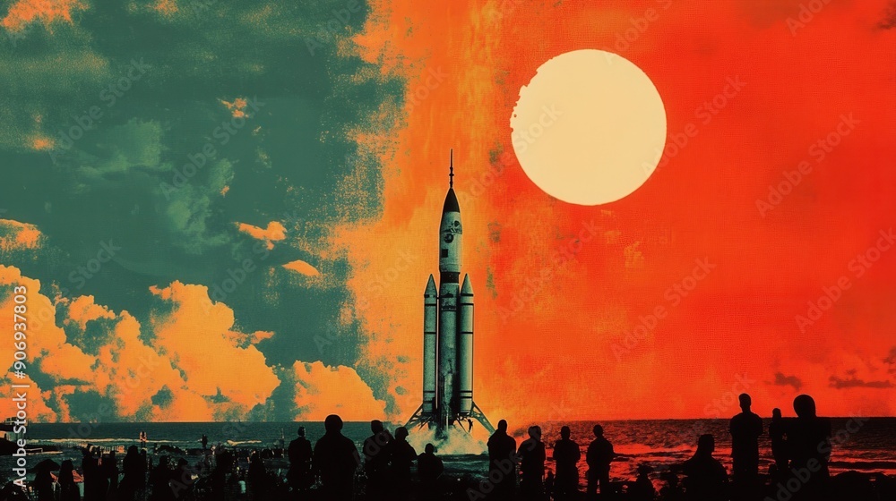 Obraz premium A stunning rocket launch scene with a vibrant sunset and silhouettes of people, symbolizing adventure and exploration.