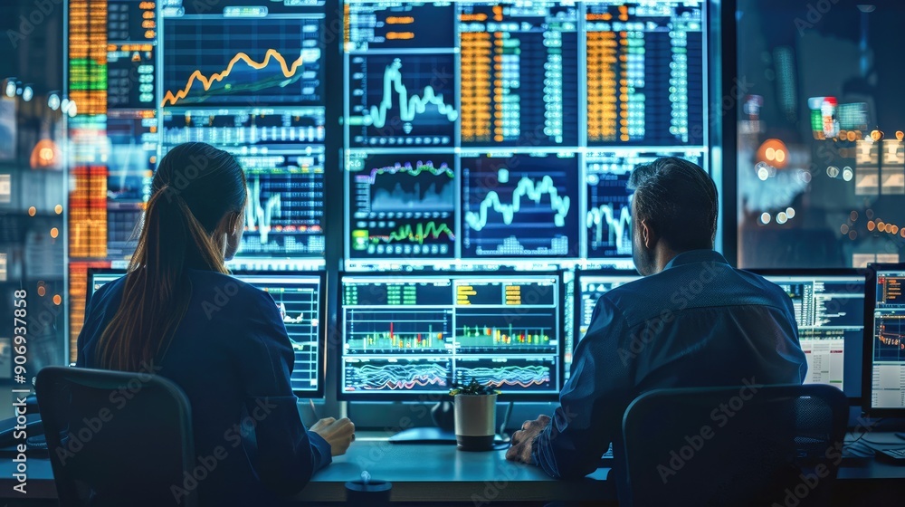 Two financial analysts working late at night, analyzing stock market trends and data on multiple monitors in a modern office setup. Two financial analysts working late at night, analyzing stock market trends and data on multiple monitors in a modern office setup.