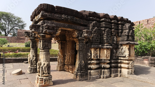 India, Madhya Pradesh, Morena, The Main Ruin Beautifully Carved Shrine of Suryava ki Garhi, Ancient 10th Century Hindu Temple. photo