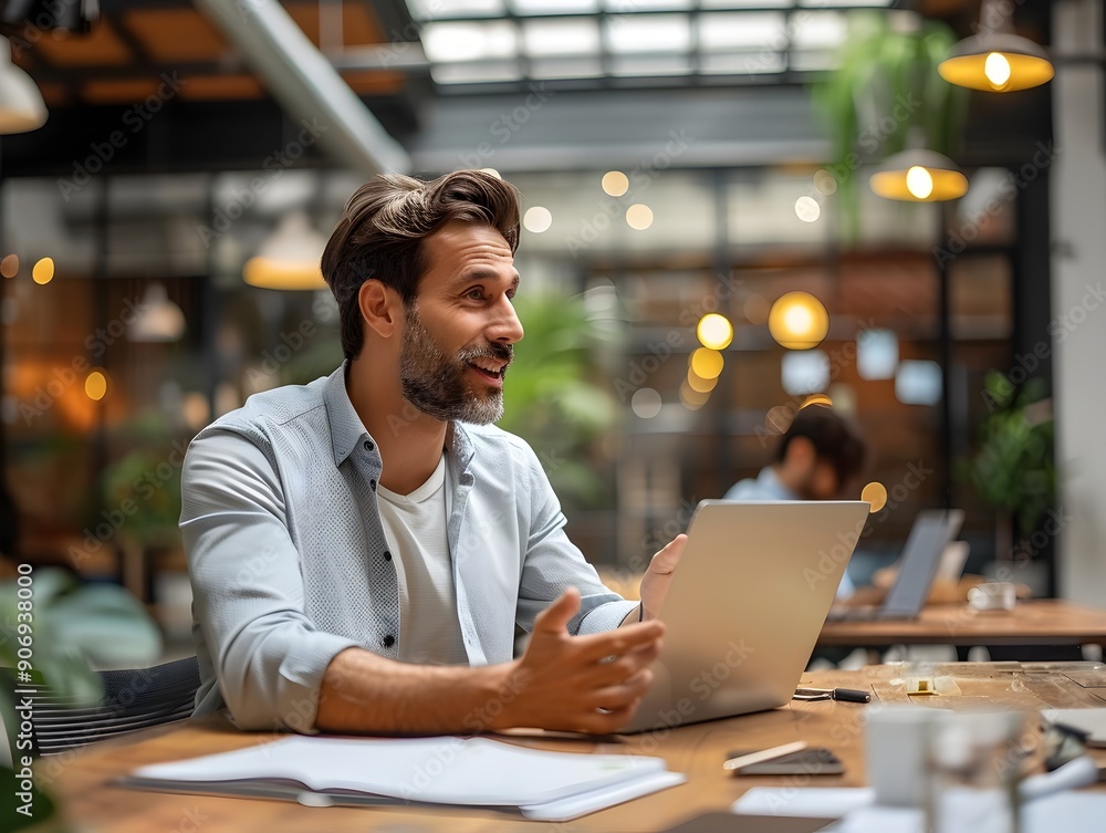 Energetic Business Leader Guiding Startup Team in Modern Coworking Space Energetic Business Leader Guiding Startup Team in Modern Coworking Space