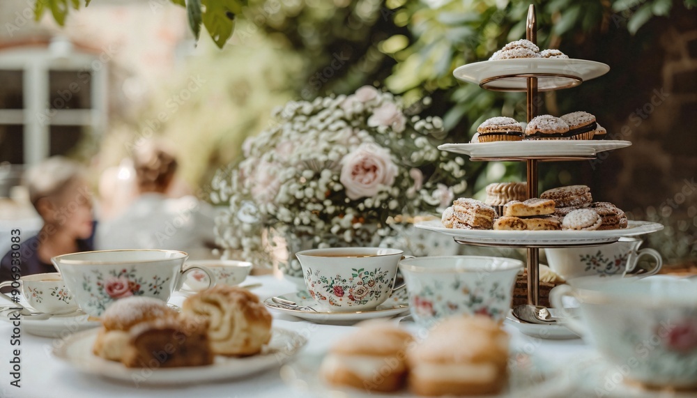 a table topped with plates and cups filled with pastries a table topped with plates and cups filled with pastries
