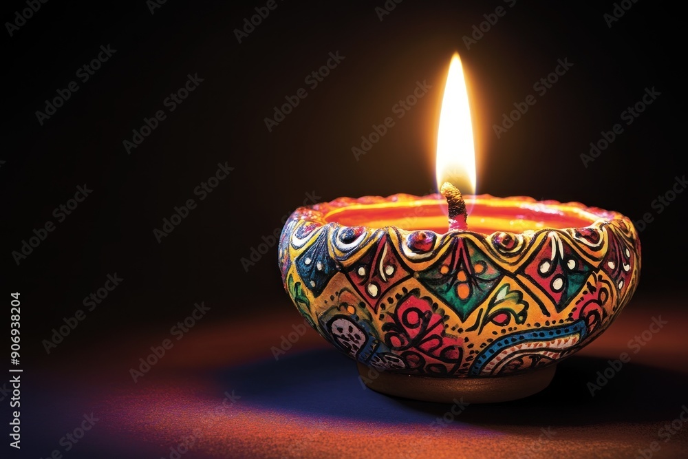 A Decorated Clay Lamp with a Lit Candle A Decorated Clay Lamp with a Lit Candle