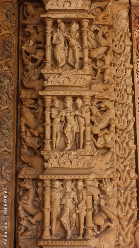 India, Madhya Pradesh, Morena, Beautiful Carvings of Hindu Deities on the Survaya ki Garhi Temple, India, Madhya Pradesh, Morena, Beautiful Carvings of Hindu Deities on the Survaya ki Garhi Temple,