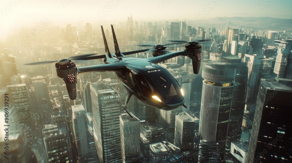 Electric air taxi eVTOL soars high above the cityscape, illustrating the future concept of urban air mobility and innovative transportation solutions Electric air taxi eVTOL soars high above the cityscape, illustrating the future concept of urban air mobility and innovative transportation solutions