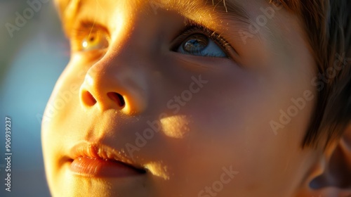 Close up of a young boy's face filled with delight with wide open eyes, slight smile, natural sunlight and sharp details