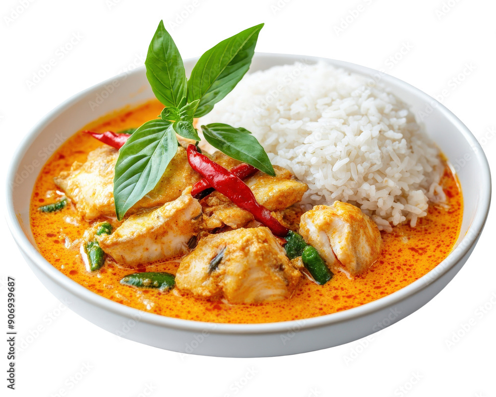 A bowl of food with rice and a leaf of basil on top. The food is red and green and looks delicious A bowl of food with rice and a leaf of basil on top. The food is red and green and looks delicious