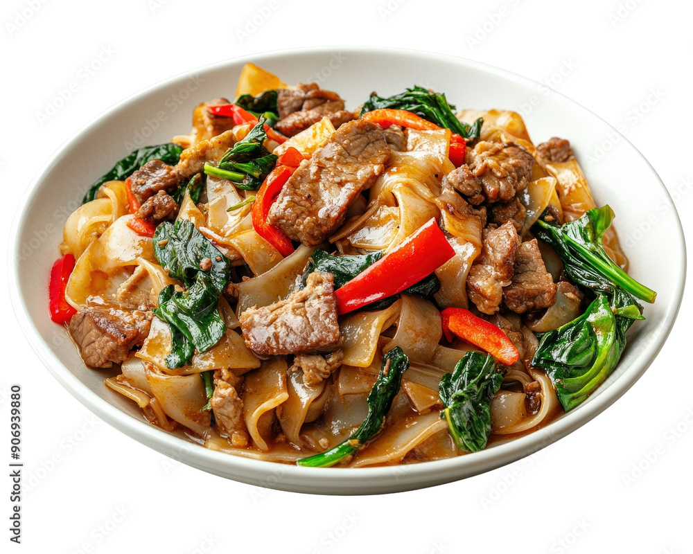 A plate of beef stir fry with noodles and vegetables. The dish is served on a white plate A plate of beef stir fry with noodles and vegetables. The dish is served on a white plate