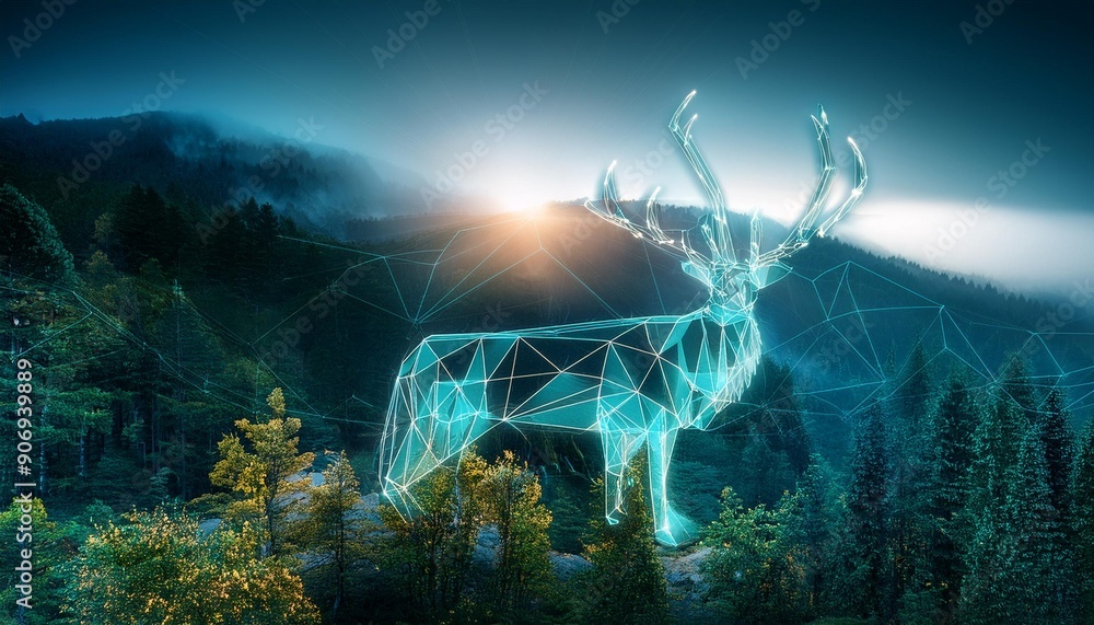 A tech-savvy wildlife scene where animals are integrated with subtle electric elements, harmonizing with their natural environment. geometrical style. A tech-savvy wildlife scene where animals are integrated with subtle electric elements, harmonizing with their natural environment. geometrical style.