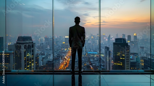 Business Leader Silhouette against Cityscape at Sunset in High Rise Office