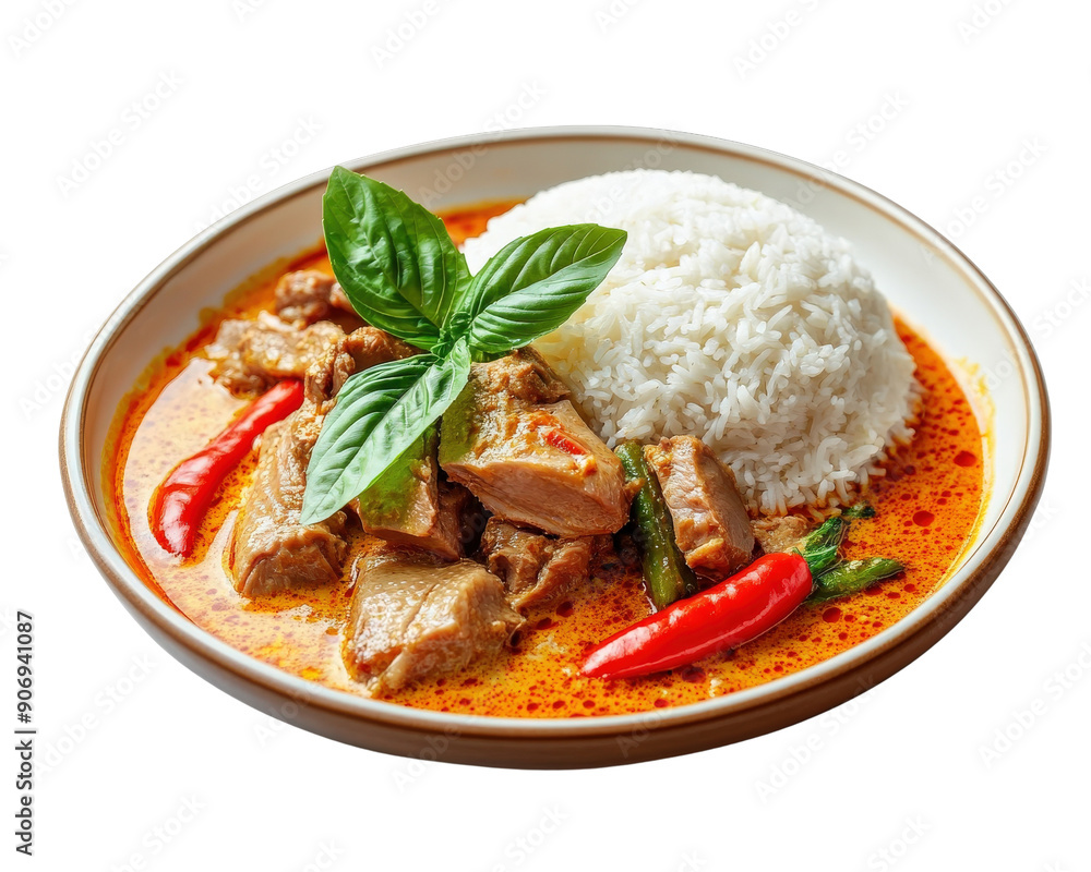 Fototapeta A plate of food with rice and meat. The meat is covered in sauce and there are green beans on top