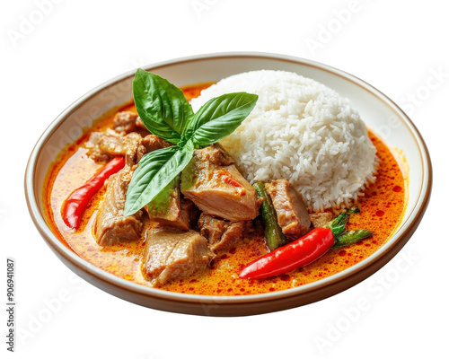 A plate of food with rice and meat. The meat is covered in sauce and there are green beans on top