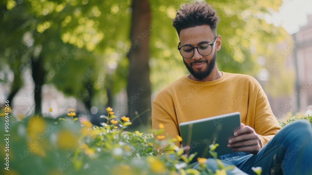 Millennial man using a tablet while sitting outdoors, possibly in a park or urban setting Millennial man using a tablet while sitting outdoors, possibly in a park or urban setting