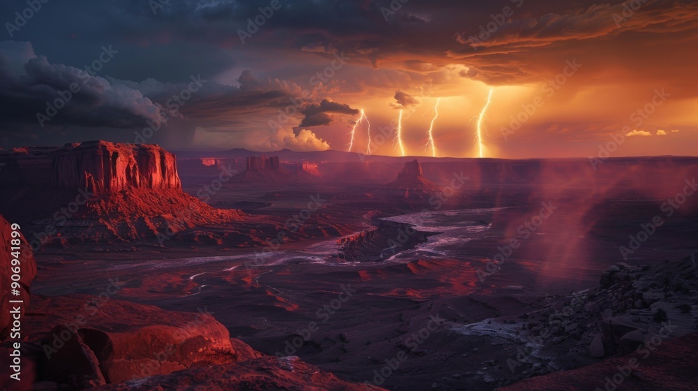 Fototapeta premium A powerful thunderstorm looms over Monument Valley, illuminating the sky with vivid lightning as dusk settles in.