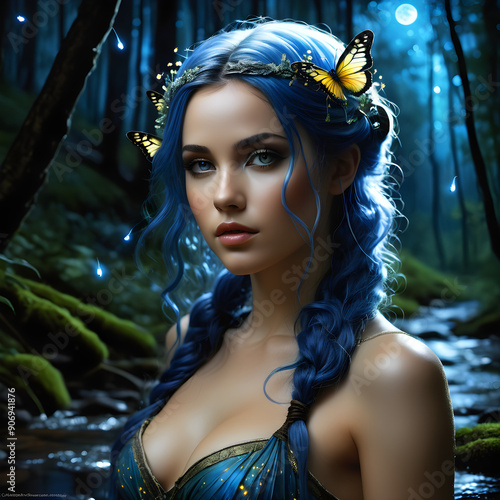 As I wandered through the forest on a moonlit night, I stumbled upon a breathtaking sight. A hyper detailed beautiful forest fairy stood near a sparkling stream, her delicate wings shimmering in the s photo