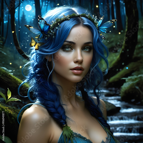 As I wandered through the forest on a moonlit night, I stumbled upon a breathtaking sight. A hyper detailed beautiful forest fairy stood near a sparkling stream, her delicate wings shimmering in the s photo