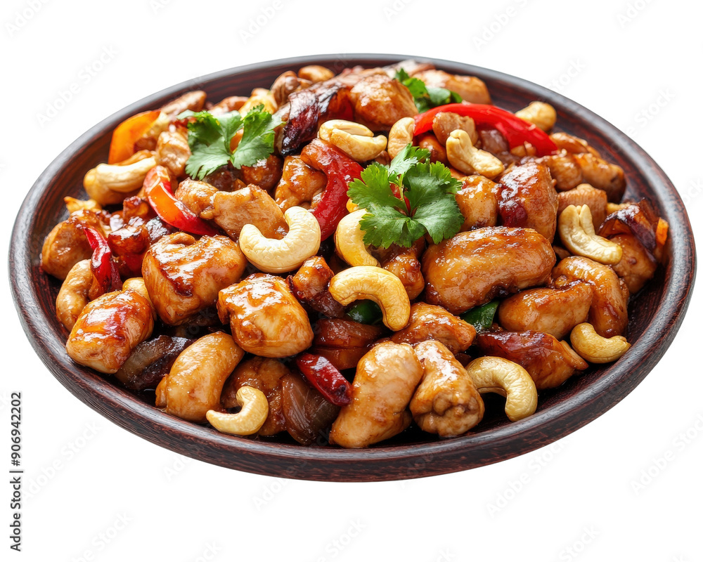 A plate of food with chicken and nuts. The dish is brown and has a lot of different colors A plate of food with chicken and nuts. The dish is brown and has a lot of different colors