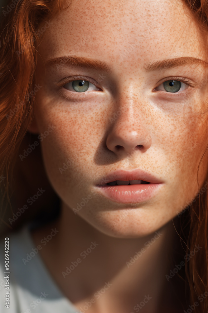 Close-up portrait of attractive young red-haired woman with freckles hard light Close-up portrait of attractive young red-haired woman with freckles hard light