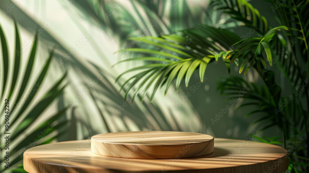 Wooden Platform With Palm Leaf Background Wooden Platform With Palm Leaf Background
