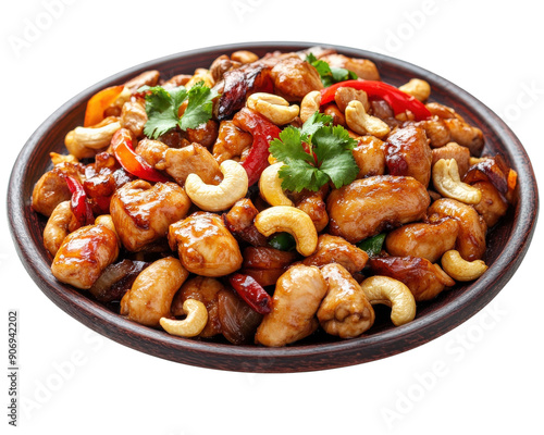 A plate of food with chicken and nuts. The dish is brown and has a lot of different colors